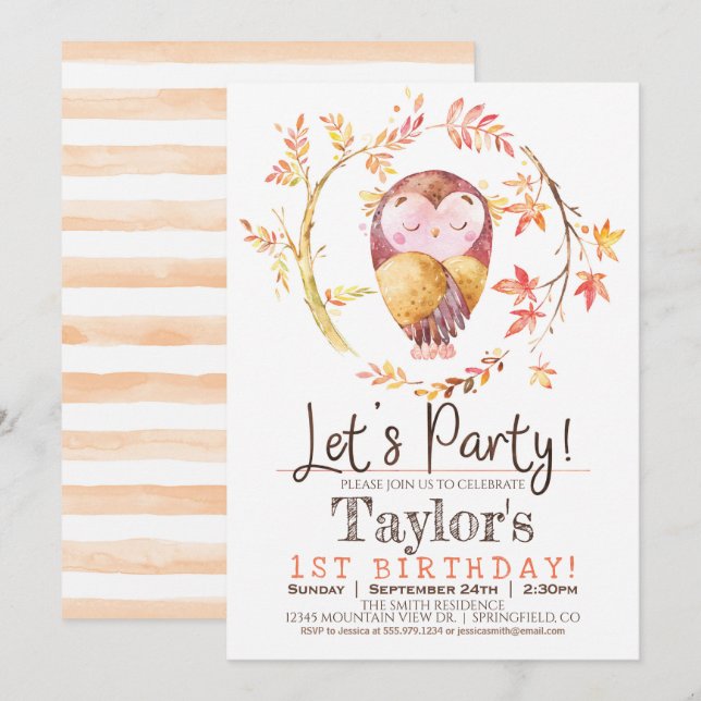Owl 1st Birthday Party Invitation (Front/Back)