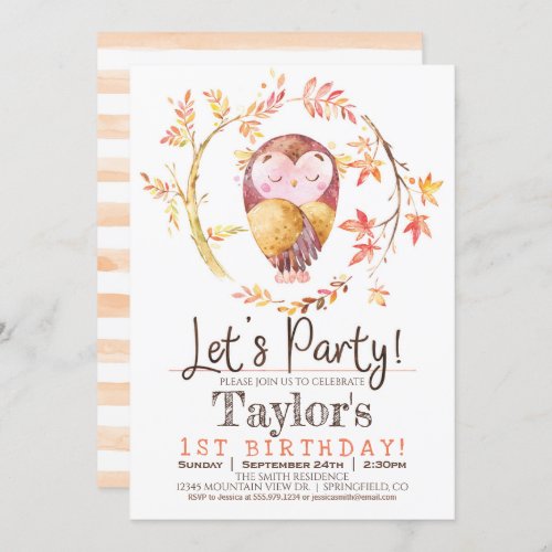 Owl 1st Birthday Party Invitation