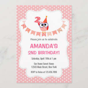 Owl 2nd Birthday Invitation Sweet Pink