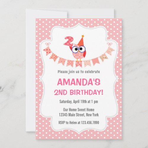 Owl 2nd Birthday Invitation Sweet Pink