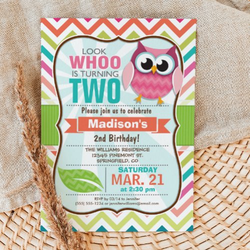 Owl 2nd Birthday Party Invitation