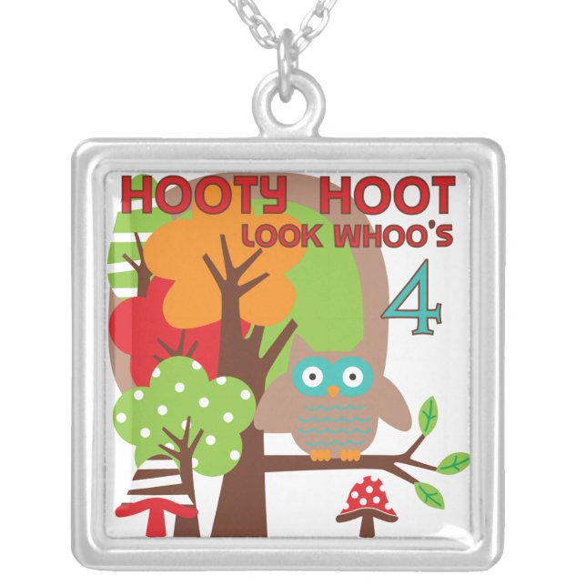 Owl 4th Birthday T shirts and Gifts Silver Plated Necklace (Front)