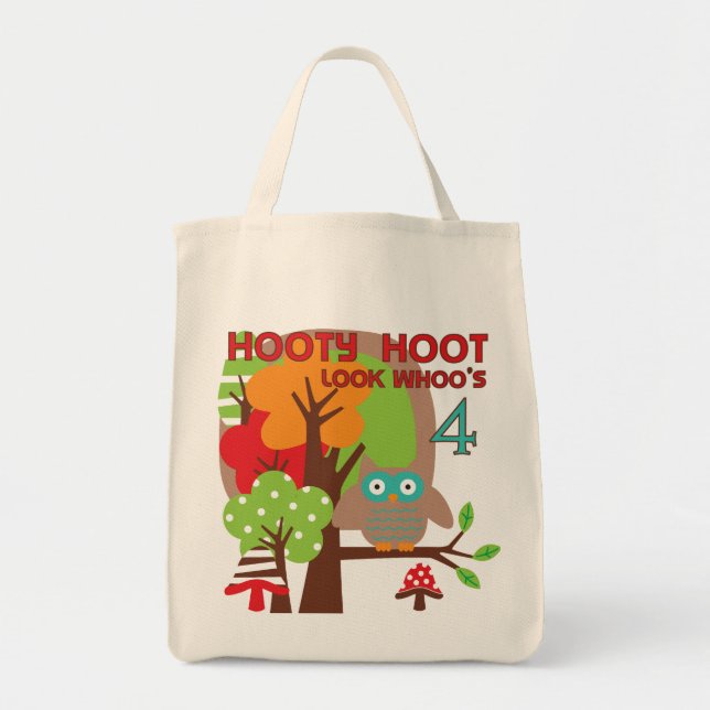 Owl 4th Birthday T shirts and Gifts Tote Bag (Front)