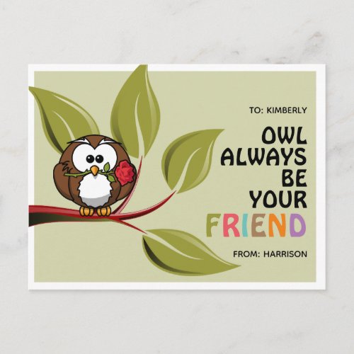 Owl Always Be Your Friend Classroom Valentine Holiday Postcard
