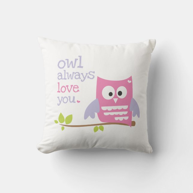 "owl always love you" pink and purple owl pillow (Front)