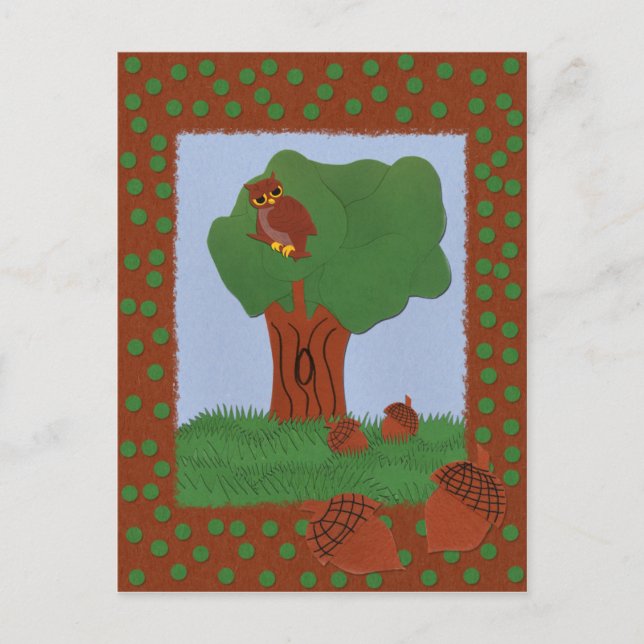 Owl and an Oak Tree Whimsical Cartoon Art Postcard (Front)