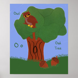 Owl and an Oak Tree Whimsical Cartoon Art Poster