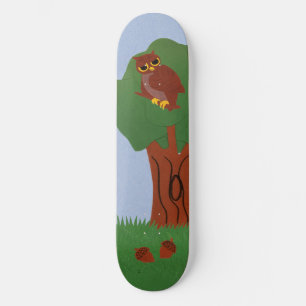 Owl and an Oak Tree Whimsical Cartoon Art Skateboard Deck