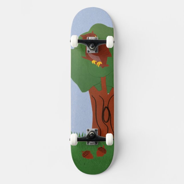 Owl and an Oak Tree Whimsical Cartoon Art Skateboard Deck (Front)
