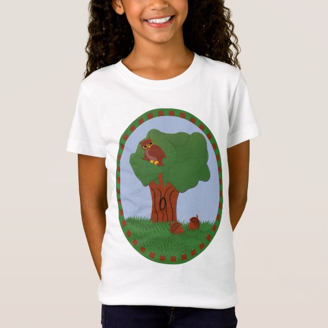 Owl and an Oak Tree Whimsical Cartoon Art T-Shirt (Front)