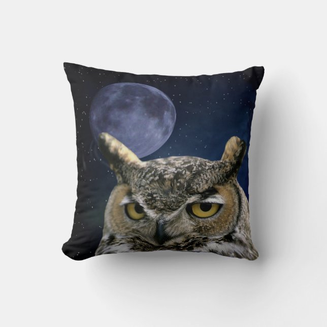 Owl and Blue Moon Throw Pillow (Front)