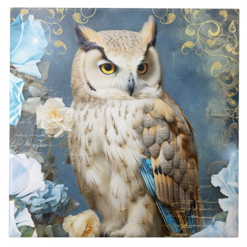 Owl and Blue Roses Ceramic Tile