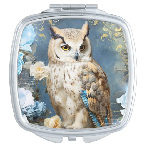 Owl and Blue Roses Compact Mirror