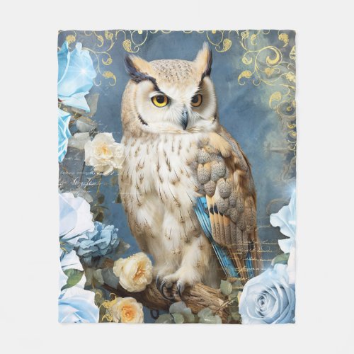 Owl and Blue Roses Fleece Blanket