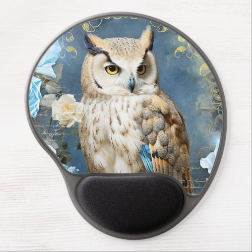 Owl and Blue Roses Gel Mouse Pad
