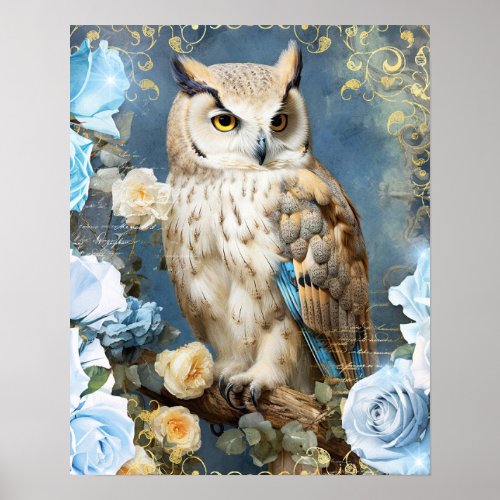 Owl and Blue Roses Poster