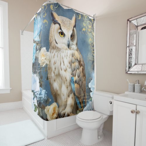 Owl and Blue Roses Shower Curtain