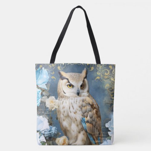 Owl and Blue Roses Tote Bag