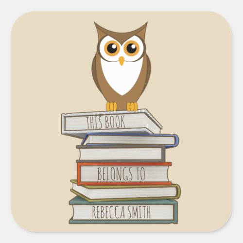 Owl and Books Personalised Book Belongs to  Square Sticker