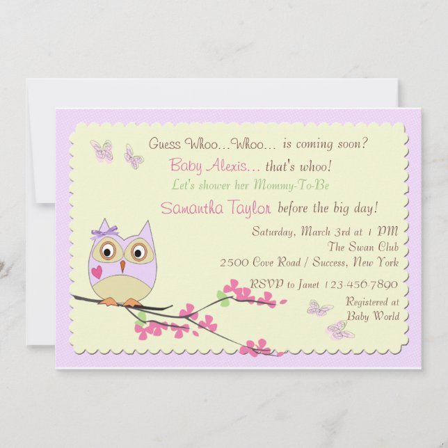 Owl and Butterflies Baby Shower Invitation (Front)