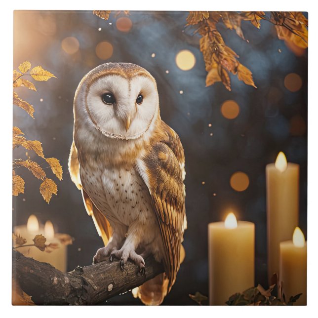Owl and Candles Mystical Magical Autumn Ceramic Tile (Front)