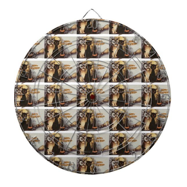 Owl and Cat Halloween Dartboard With Darts (Front)