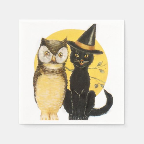 Owl and Cat Halloween Paper Napkins