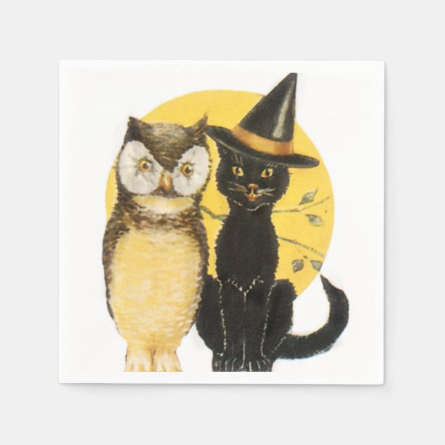 Owl and Cat Halloween Paper Napkins (Front)
