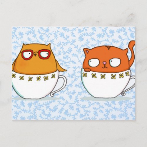 Owl and cat teacup buddies on china blue back postcard