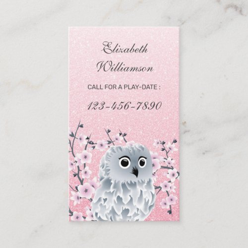 Owl And Cherry Blossom Pink Call For Playdate  Business Card