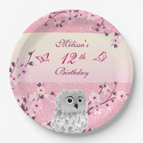 Owl And Cherry Blossom Pink Glitter  Birthday Paper Plates
