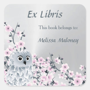 Owl And Cherry Blossoms Ex Libris Bookplate