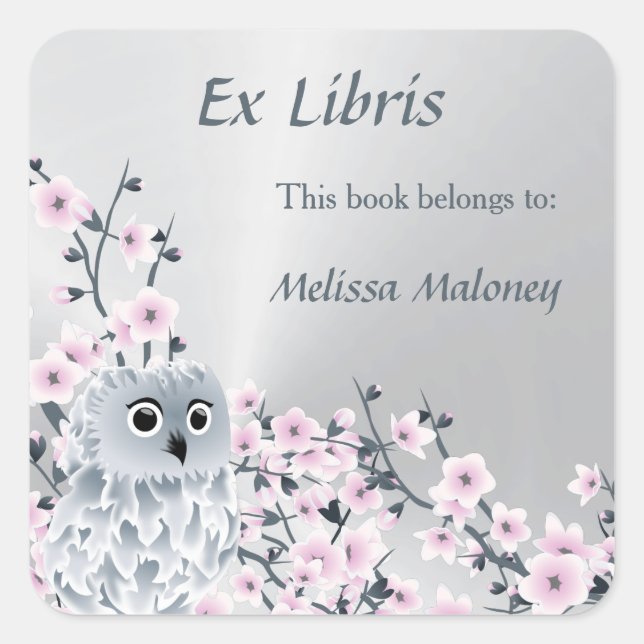 Owl And Cherry Blossoms Ex Libris Bookplate (Front)