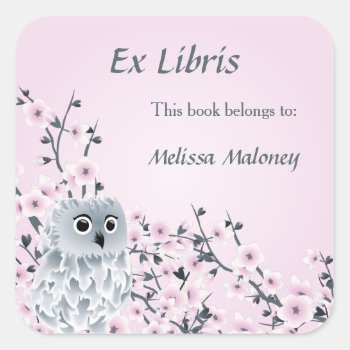 Owl And Cherry Blossoms Ex Libris Square Sticker by NinaBaydur at Zazzle
