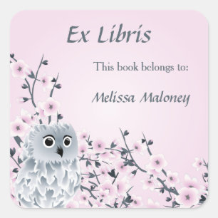 Owl And Cherry Blossoms Ex Libris Square Sticker