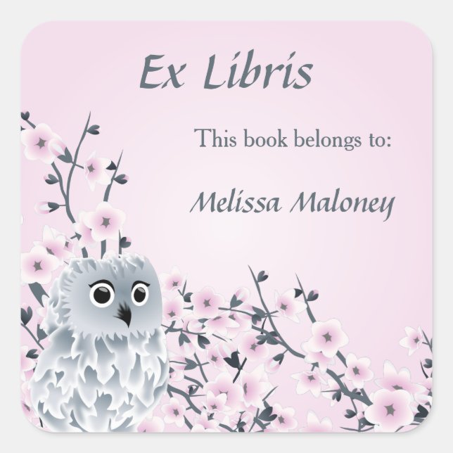 Owl And Cherry Blossoms Ex Libris Square Sticker (Front)