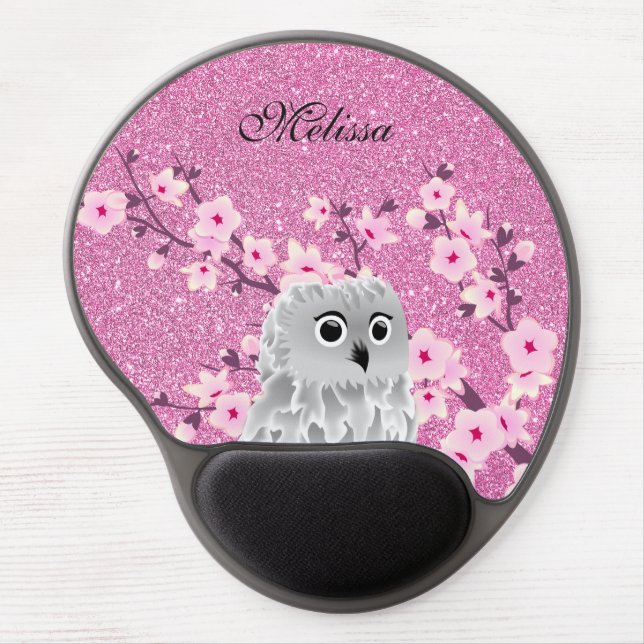 Owl And Cherry Blossoms Pink Glitter Personalize Gel Mouse Pad (Front)
