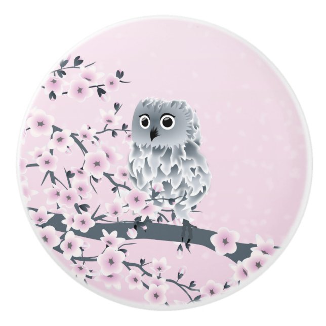Owl And Cherry Blossoms Pink Gray Ceramic Knob (Front)