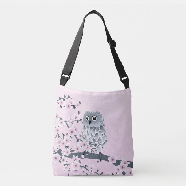 Owl And Cherry Blossoms Pink Gray Kids Crossbody Bag (Front)