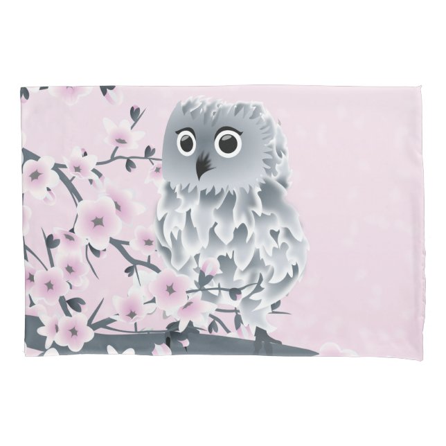 Owl And Cherry Blossoms Pink Gray Pillowcase (Front)