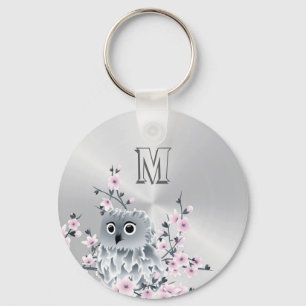 Owl And Cherry Blossoms Pink Silver Keychain