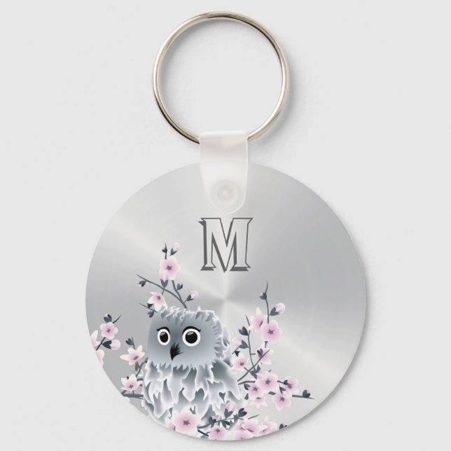 Owl And Cherry Blossoms Pink Silver Keychain (Front)