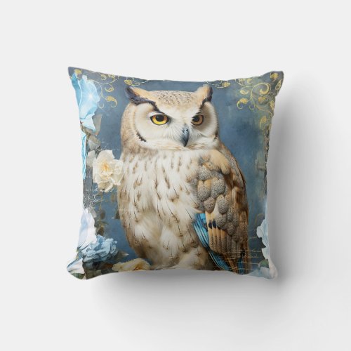 Owl and Floral Damask Throw Pillow