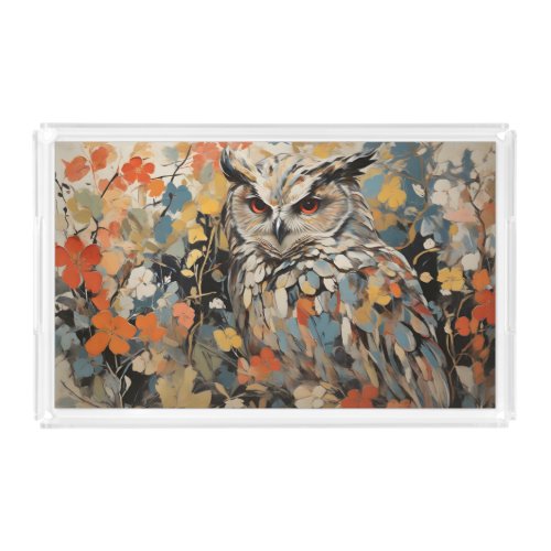 Owl and Flowers In Spring Painting Acrylic Tray