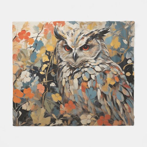 Owl and Flowers In Spring Painting Fleece Blanket