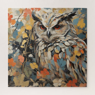 Owl and Flowers In Spring Painting Jigsaw Puzzle