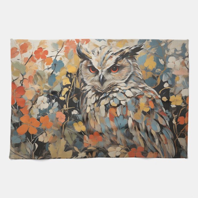 Owl and Flowers In Spring Painting Kitchen Towel (Horizontal)