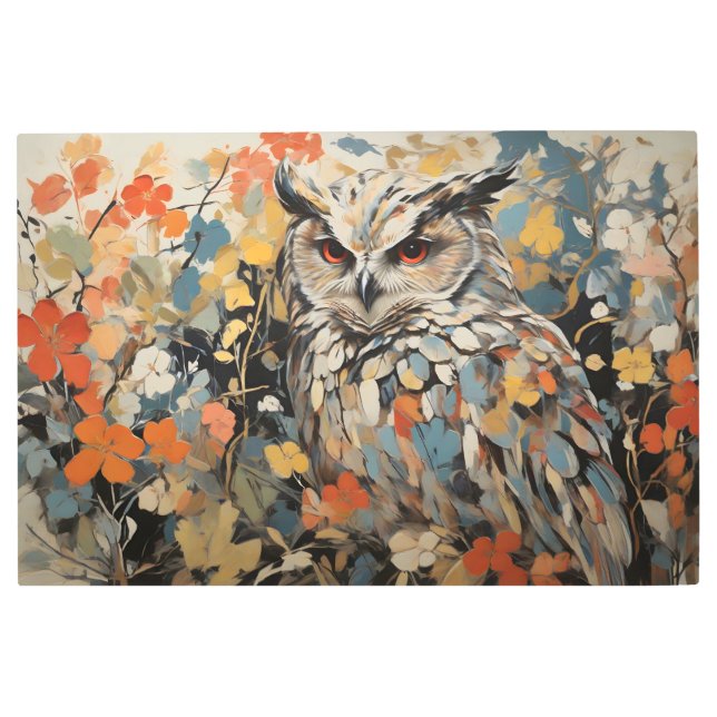Owl and Flowers In Spring Painting Metal Print (Front)