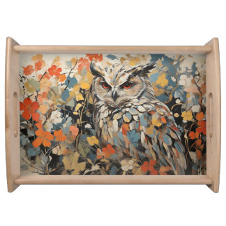Owl and Flowers In Spring Painting Serving Tray