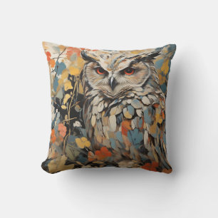 Owl and Flowers In Spring Painting Throw Pillow